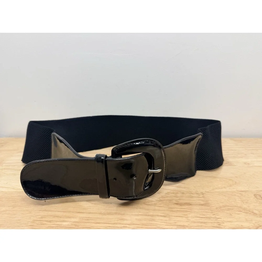 Lauren Ralph Lauren Thick Wide Black Patent Leather Stretch Belt Large #25